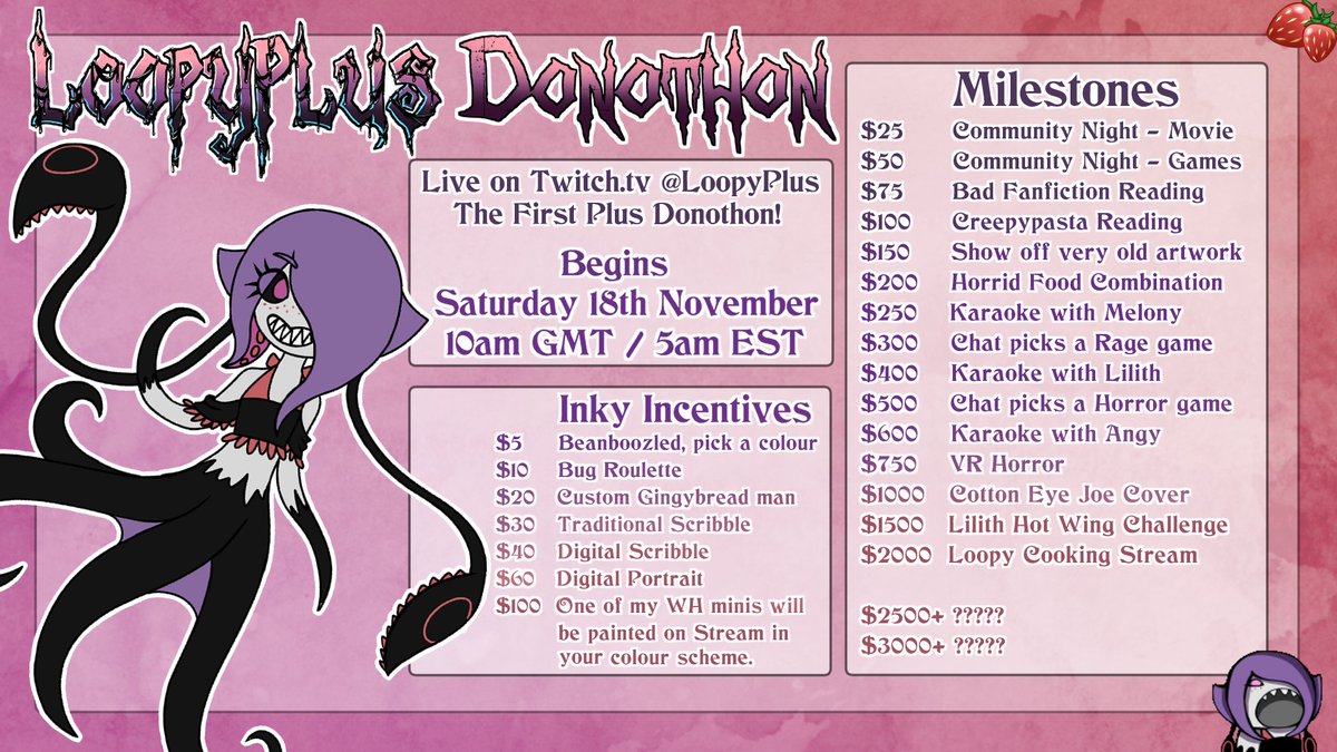 🍓I don't mean to alarm you but-
This lil Squiddy's going to be going full time with this!
So in order to celebrate, we're going to have a little party! 
A cheeky little Donothon celebration!🍓
Or is it.. Donathon? Donathan? Jonathan? ..Who's that?
ANYWAY!
🦑Saturday 18th Nov!🦑