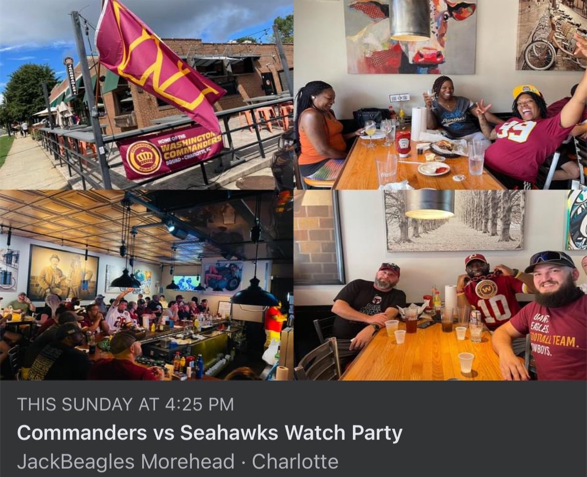 CommandersCLT's tweet image. The Commanders can control their destiny with a win Sunday and the Panthers are losing on Thursday so no parking issues. See you at JackBeagles Morehead! #HTTC #WASvsSEA #CommandersRally