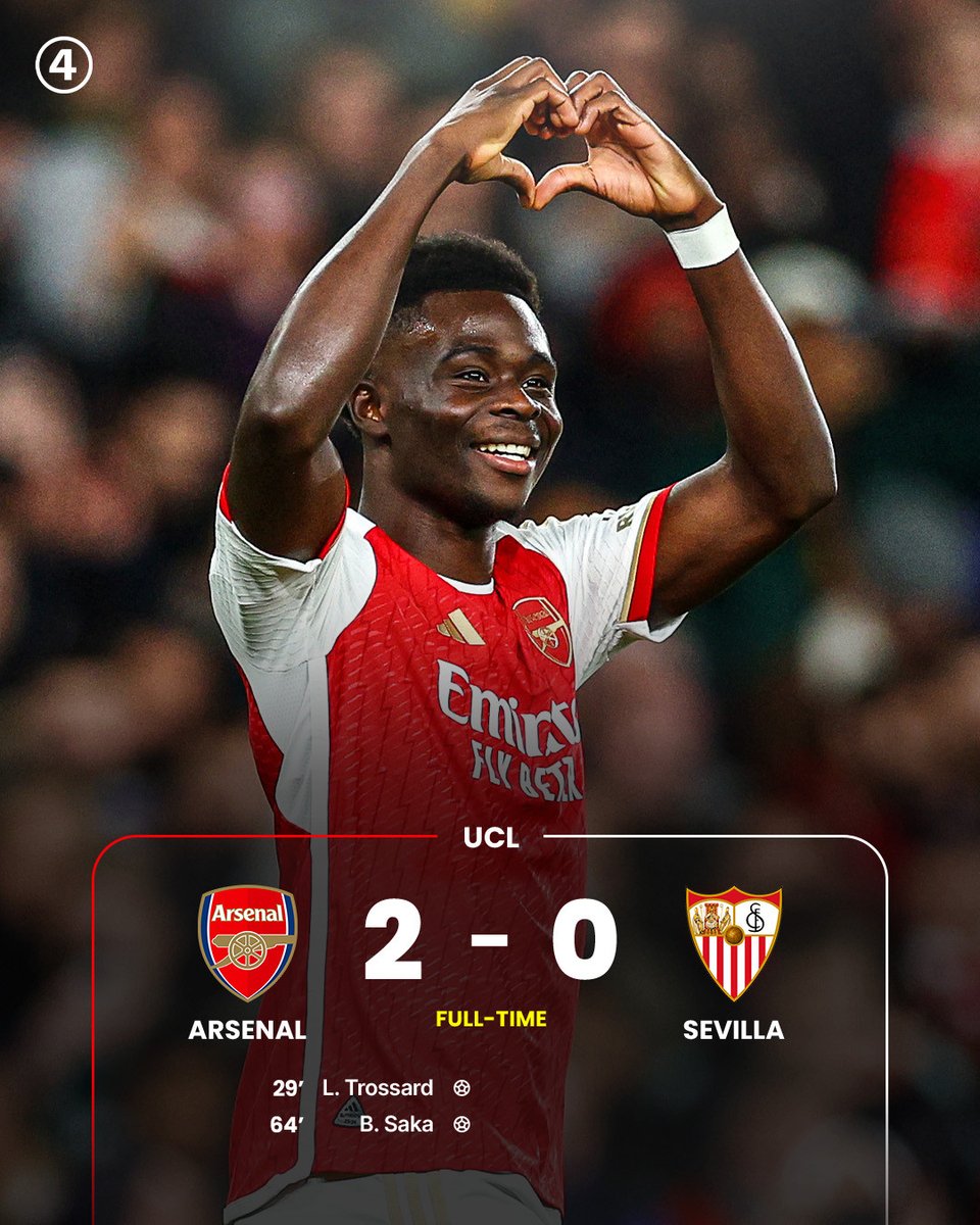 vuxlee's tweet photo. #ARSENAL 2 -0 #SEVILLA

    Ở lượt trận thứ 4 bảng B Champions League 2023/24, Arsenal đã tận dụng rất tốt lợi thế sân nhà để đánh bại Sevilla 2-0, trong đó cầu thủ chạy cánh Bukayo Saka ghi dấu ấn với 1 bàn thắng cùng 1 kiến tạo.

   Sau 2 thất bại liên tiếp ở đấu trường quốc nội, Arsenal quyết tâm hạ Sevilla để lấy lại tinh thần cũng như sớm định đoạt số phận của mình ở bảng B. Với mục tiêu rõ ràng, Pháo thủ nhanh chóng đẩy cao đội hình tấn công sau tiếng còi khai cuộc.

   Ngay phút thứ 2, Arsenal đã sở hữu cơ hội mười mươi mở tỷ số. Quả phạt góc bên cánh trái của họ được treo về cột xa, nhưng Kai Havertz trong tư thế không bị ai kèm lại đánh đầu cận thành ra ngoài khó tin khiến mọi thứ trôi qua.
   Dù vậy, những nỗ lực hãm thành của Arsenal cuối cùng cũng được đền đáp ở phút 29. Jorginho chọc khe tuyệt vời xuyên thủng phòng tuyến của Sevilla cho Saka thoát xuống. Cầu thủ chạy cánh người Anh chuyền ngang dọn chỗ để Leandro Trossard đệm bóng dễ dàng phá vỡ thế quân bình.

   Nắm lợi thế, Arsenal bắt đầu gi��m tốc và nhường lại phần nào thế trận cho Sevilla nhằm chực chờ phản công. Lối đá này phát huy tác dụng khi vào phút 64, Gabriel Martinelli chuyền bóng để Saka phá bẫy việt vị băng xuống tốc độ. Sao trẻ người Anh sau đó xử lý khéo léo loại bỏ hậu vệ Sevilla rồi dứt điểm vào góc xa nâng tỷ số lên 2-0.
   Ở quãng thời gian còn lại, Arsenal còn tạo ra thêm vài cơ hội đáng chú ý nữa nhưng không tận dụng thành công. Dù vậy, hai bàn thắng là quá đủ để đoàn quân của Mikel Arteta củng cố vị trí nhất bảng B với 9 điểm sau 4 lượt trận.

   Ở cặp đấu còn lại cùng bảng, Lens đã bại 0-1 dưới tay PSV. Như vậy, Arsenal vẫn chưa thể sớm giành vé sau những kết quả này. Pháo thủ hiện hơn đội nhì PSV 4 điểm. Họ sẽ chắc chắn đi tiếp ở lượt trận tới nếu đánh bại Lens trên sân nhà Emirates.