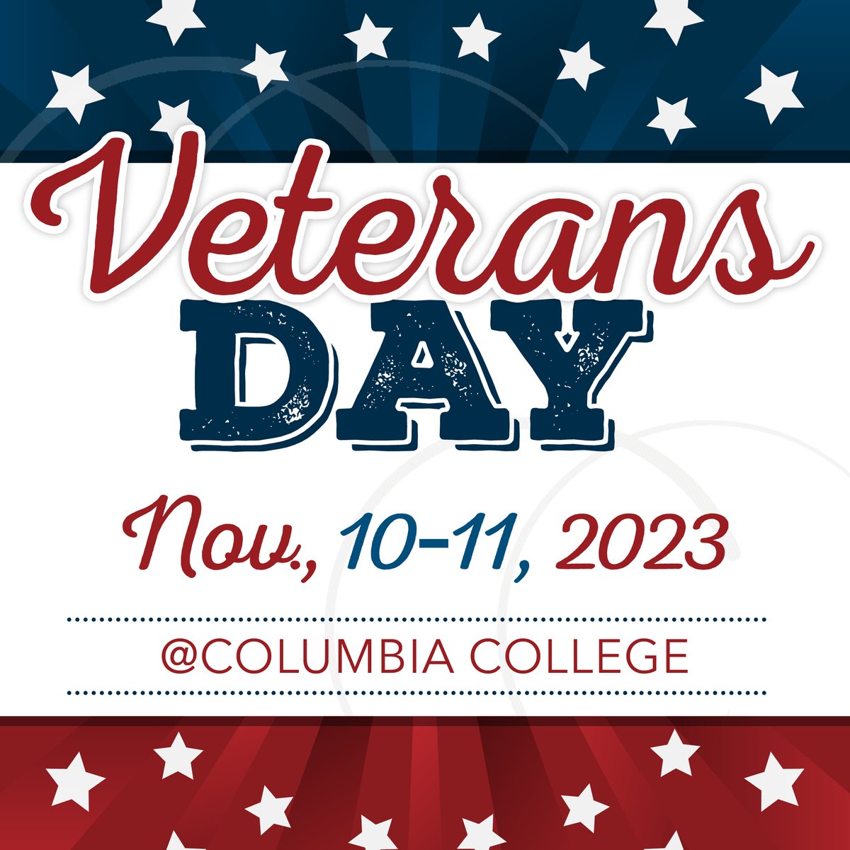 Join Columbia College later this week for our Veterans Day celebrations❗

Friday, Nov. 10
▪️ Veterans Day Ceremony // 11 a.m. // Brig. Gen. Charles E. McGee House 

Saturday, Nov. 11
▪️ Veterans Appreciation &amp; Celebration at CC Women's Basketball // 1 p.m. // Southwell

#WeAreCC