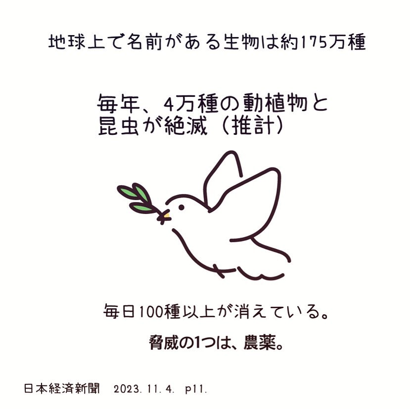 openjapan2016's tweet photo. 時事・ニュース　journal
毎年、4万種の動植物、昆虫が絶滅している。
脅威のひとつが農薬といいます。
＃農薬の影響
＃持続可能な社会を考える https://t.co/1Upzk6GwSG
