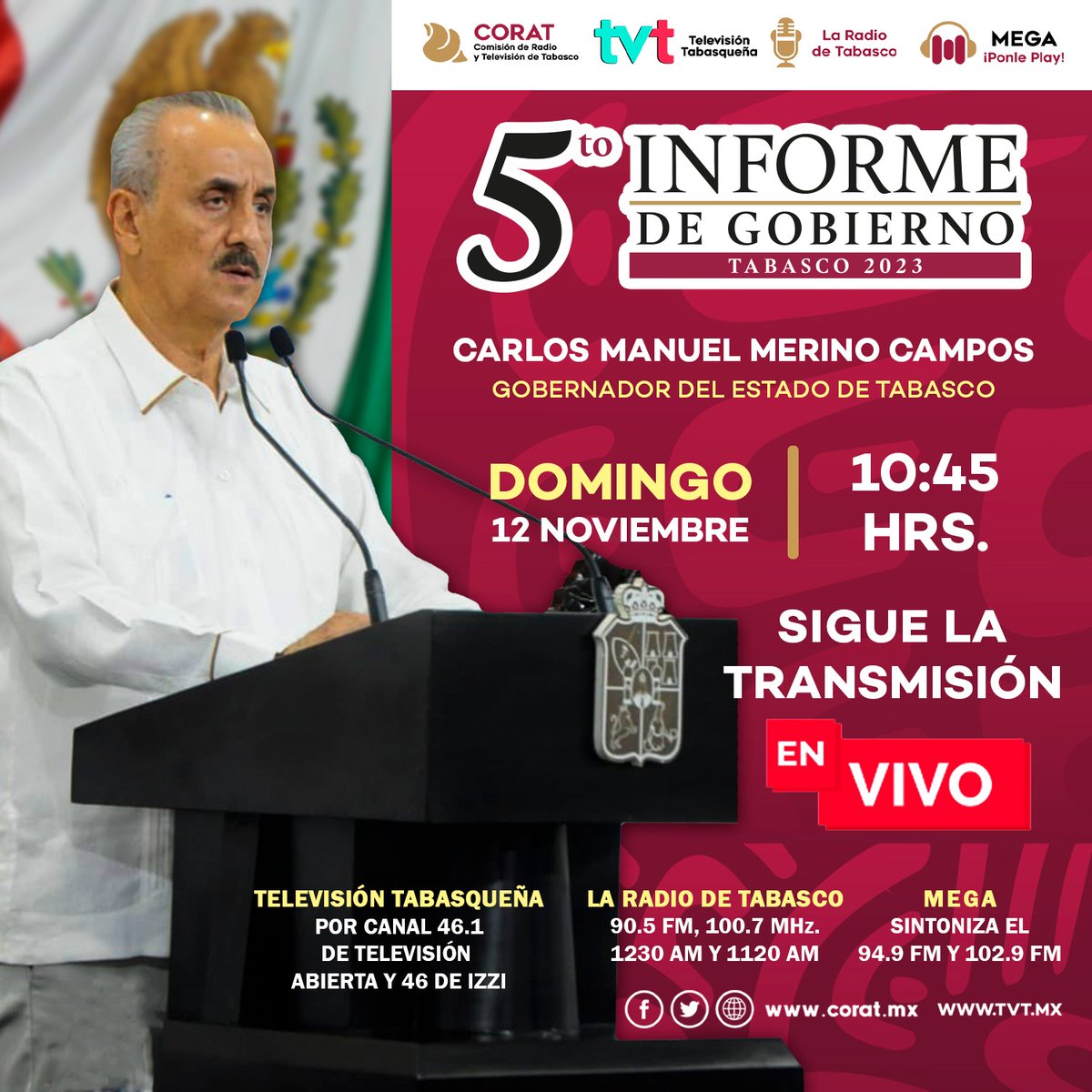TVTenlinea's tweet photo. 📺 No te pierdas la transmisión en vivo del #VInforme de Gobierno del gobernador Carlos Manuel Merino Campos.
⌚ Este domingo 12 de noviembre, a partir de las 10:45 am.
💻 A través de las redes sociales, las estaciones de radio de la #CORAT, y por #TelevisiónTabasqueña. https://t.co/0349DFXkTW