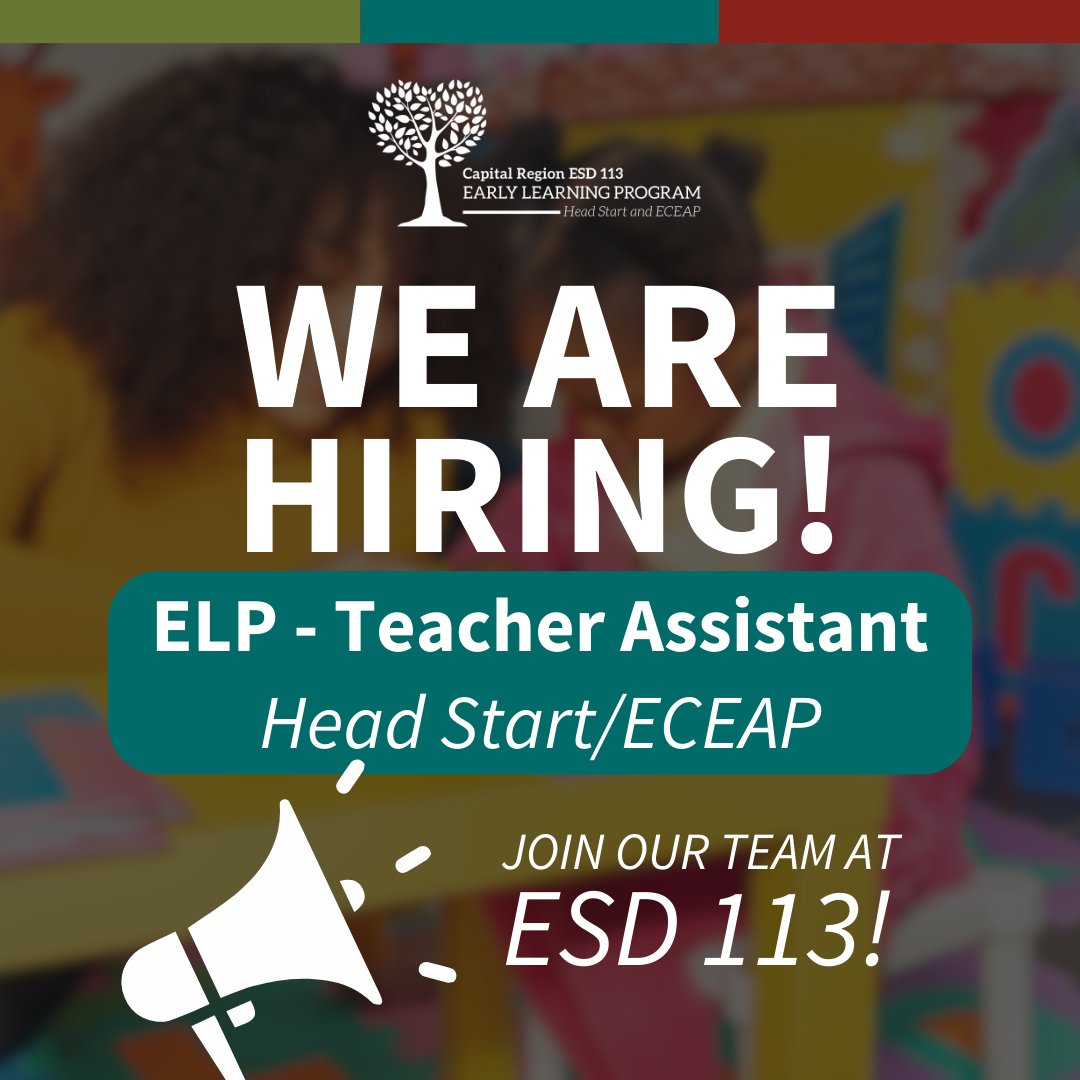 We're hiring! ELP - Teacher Assistant

Salary: $19.90-$22.65, potential  $0.70 bilingual differential
Benefits: Med/Dental/Vision, Life/AD&amp;D ins., FSA/DCAP, LTD ins., Retirement/DCP, EAP, Sick &amp; Personal Leave, Holiday Pay. trst.in/MTHGR7

#WeAreESD113 #EduJobs #EduChat