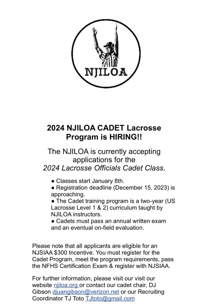 Bob_Badders's tweet image. Interested in becoming a lacrosse official? 

The New Jersey Interscholastic Lacrosse Officials Association (@NJILOAexec) is hiring, with classes beginning in January. All applicants are eligible for an NJSIAA $300 incentive. See the attached flyer for more info. #njlax