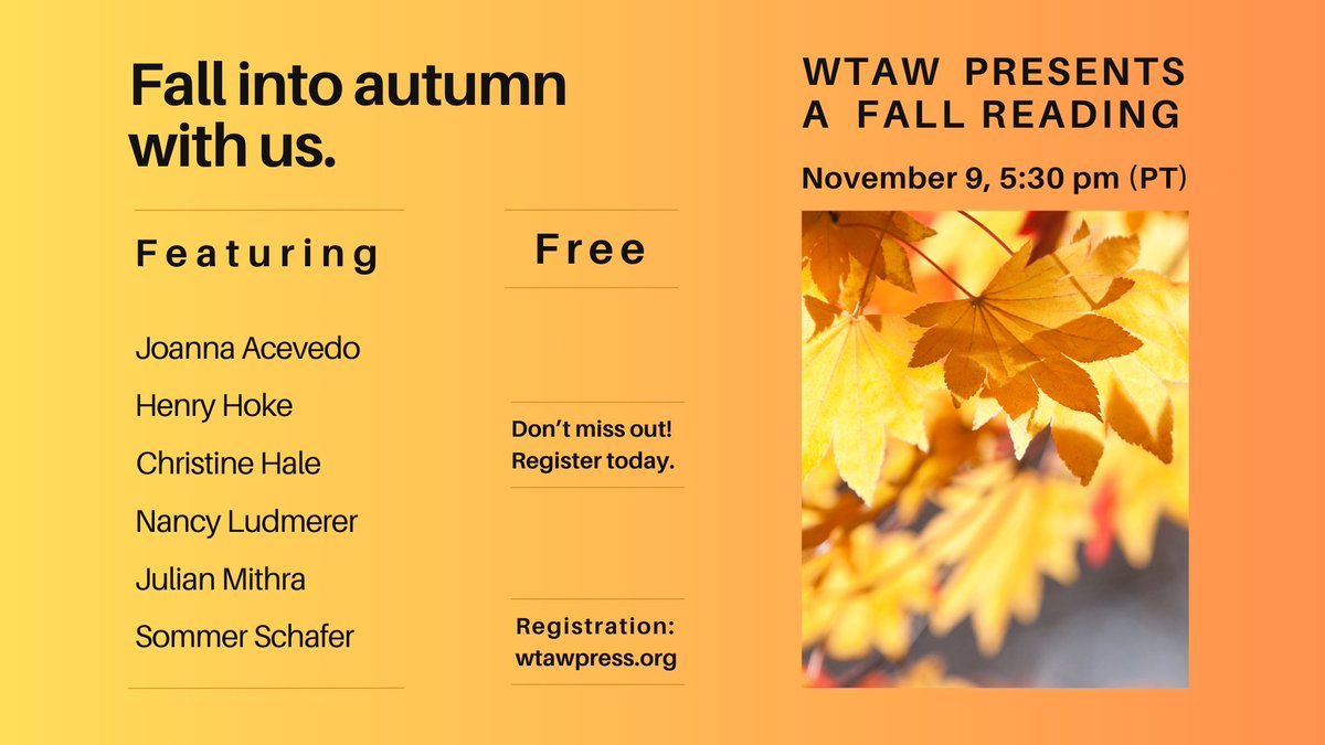 Tomorrow! Thurs Nov. 9, 5:30pm PT, WTAW presents a Fall Reading Salon with writers Joanna Acevedo, Christine Hale, @ennuiperkins, <a href="/NLudmerer/">Nancy Ludmerer</a>, Julian Mithra, and @sommerschafer. ✨And your host, Michael Dubon. Free with registration—join us! bitly.ws/Z6gq #newbooks