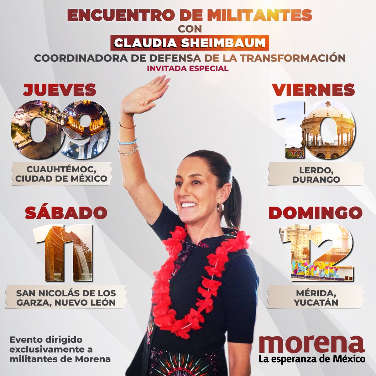 Acompaña a nuestra coordinadora nacional <a href="/Claudiashein/">Claudia Sheinbaum Pardo</a> en los encuentros que tendrá con la valiente y generosa militancia de la Ciudad de México, Durango, Nuevo León y Yucatán.

¡La vida interna de nuestro partido se fortalece con la participación de todas y todos!