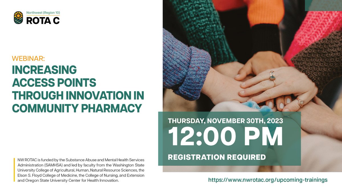 Community pharmacies could be an effective way to expand access to #OpioidUseDisorder treatment & supportive services. Learn more at the next free NW Rural Opioid Technical Assistance Collaborative webinar, Nov. 30 (12pm PT). Register here: wsu.zoom.us/webinar/regist…