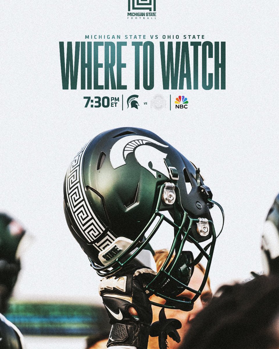 MSU_Football's tweet photo. Saturday.
🆚 | No. 1 Ohio State
⏰ | 7:30pm ET
📍 | Columbus, OH
📺 | NBC
📻 | Spartan Media Network https://t.co/6YViCzqNdd