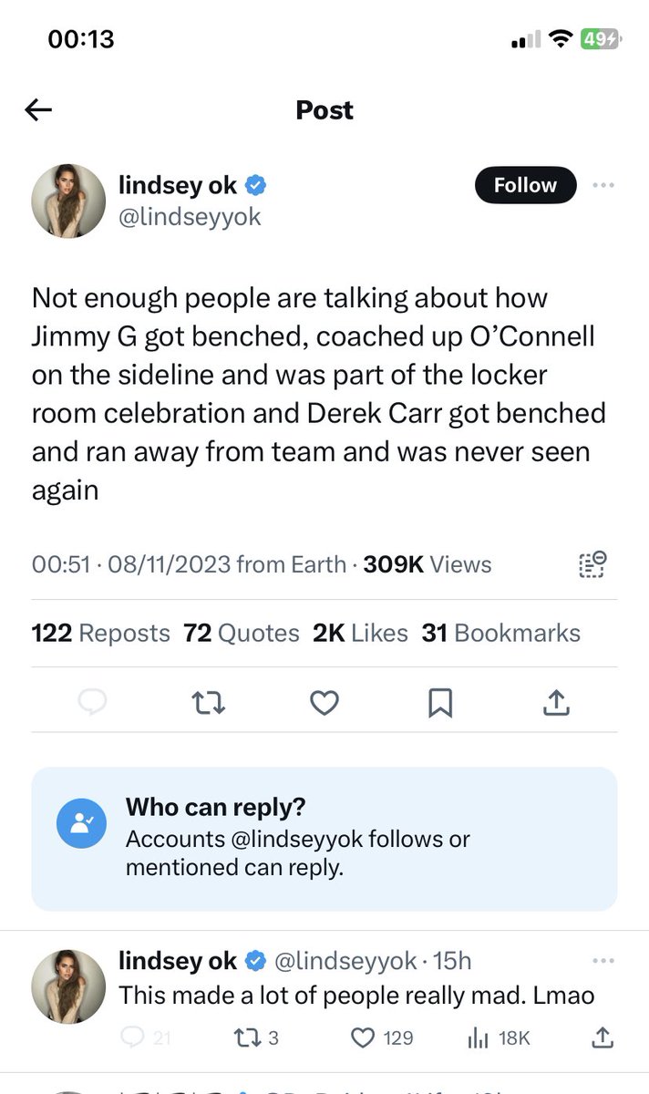 ScottGDynamo's tweet photo. This is nothing but self-indulgence @lindseyyok. No tagging + only letting people you follow respond. @derekcarrqb was a great QB for the Raiders, no one knows for sure what happened but yeah, sure, post this like it’s a fact then claim in your own comments it’s “just an opinion” https://t.co/4XjLjlRsTv