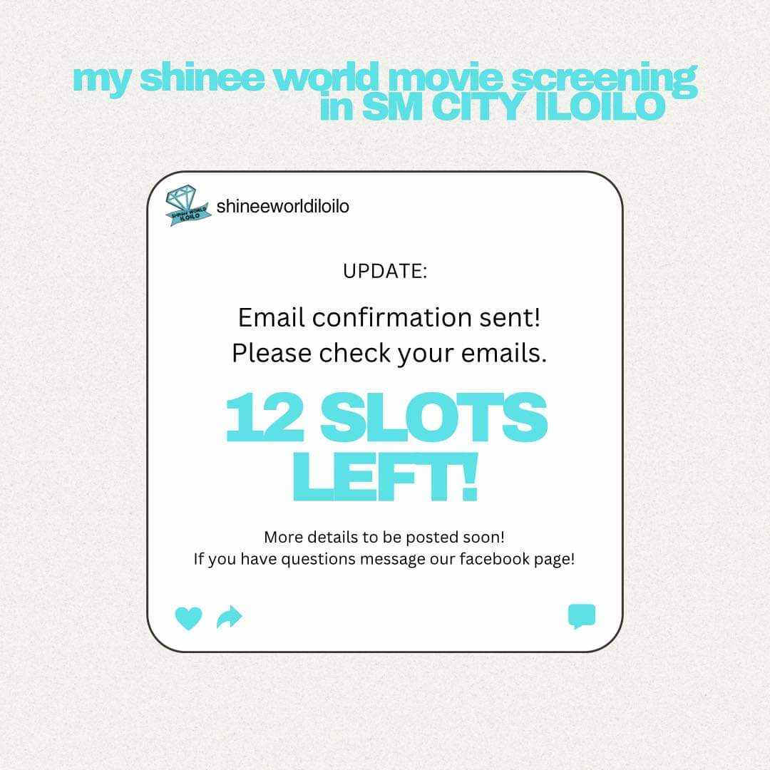 LilFreak_Beshie's tweet photo. UPDATE!

MY SHINee WORLD MOVIE SCREENING IN SM CITY ILOILO

💎12 slots left before we close the form! Reservation is until November 13 (MON), 2023 12 NN only 

Go Here for reservations: 
https://t.co/b5NPquWn88

#MYSHINeeWORLDPH
#MYSHINeeWORLD
#MYSHINeeWORLDPHSCEEENING https://t.co/qgLiBXySk8