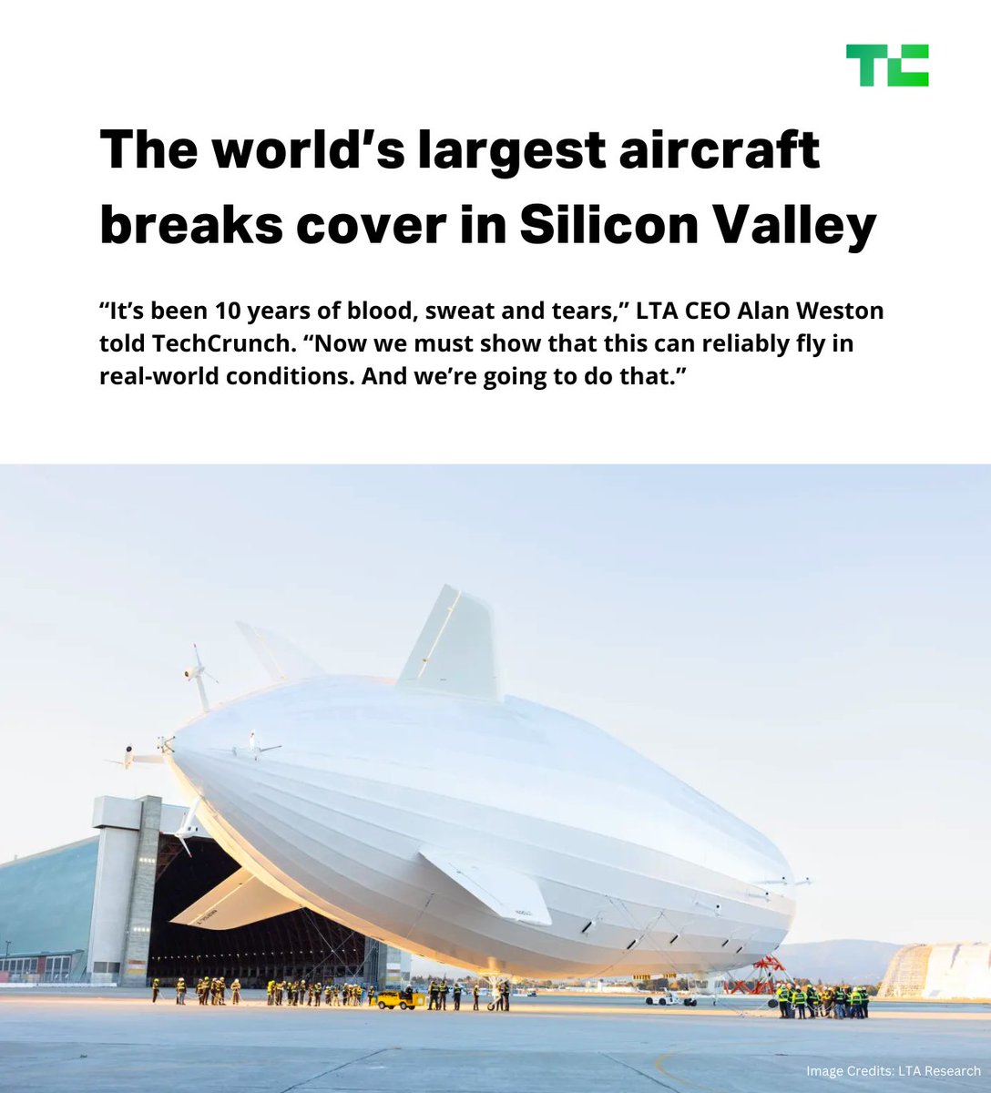 TechCrunch's tweet photo. Say hello to Pathfinder 1.

At 124.5 meters long, the airship is longer than three Boeing 737s. It’s the largest aircraft to take to the skies since the Hindenburg. https://t.co/jICBbHRW06