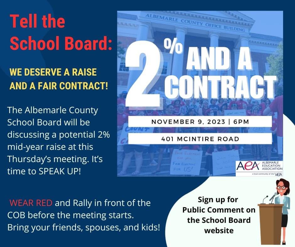 Come out to support the Albemarle County teachers and bus drivers who deserve a 2% raise and collective bargaining rights! #AEA #WeStandTogether #CollectiveBargaining