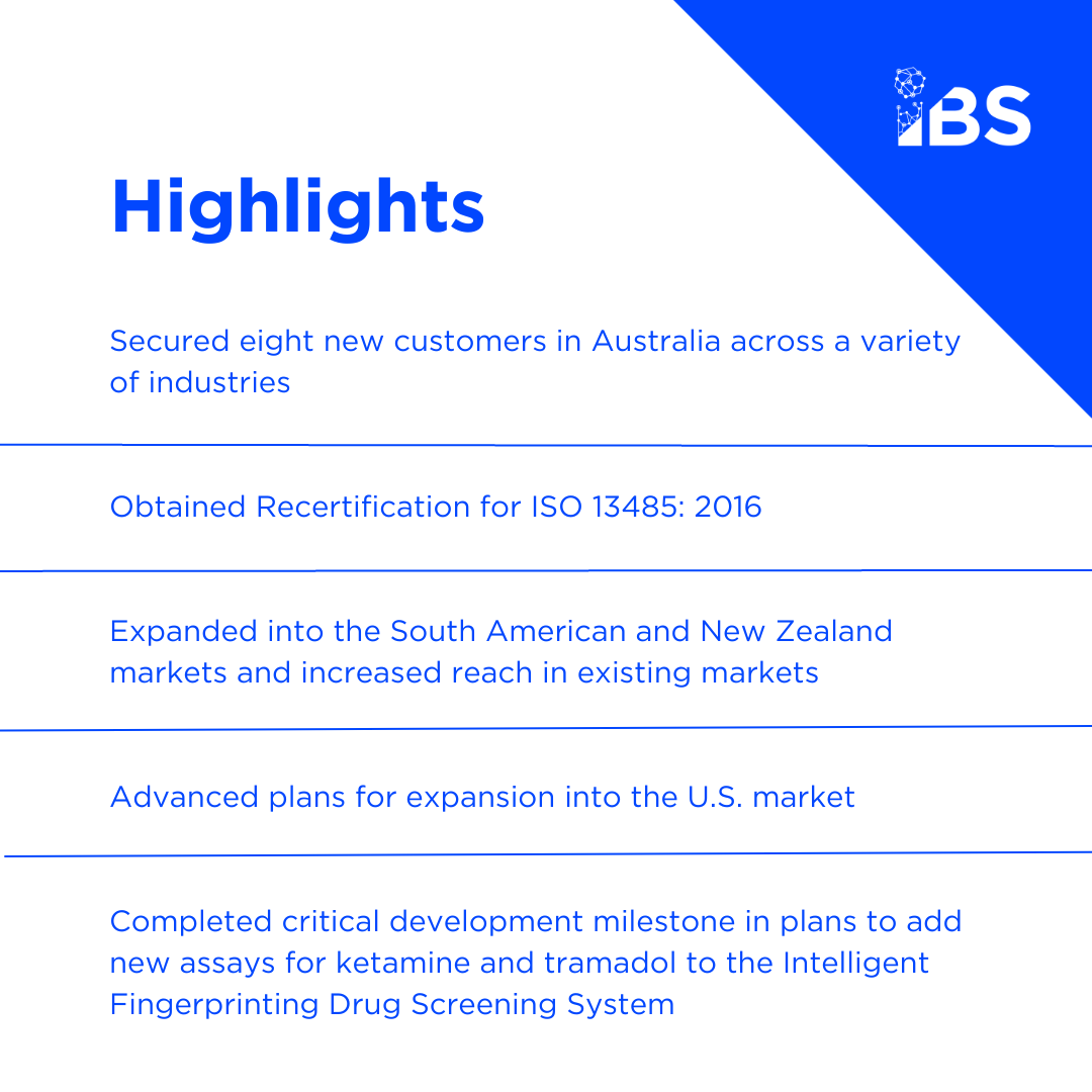 ibs_inc_'s tweet photo. Key highlights from $INBS' earnings report. Strong #revenuegrowth continued with the expansion of our market presence. Completed critical development #milestone in plans to add new assays for ketamine and tramadol and advanced #expansion plan into the U.S. https://t.co/EOChidZuBY