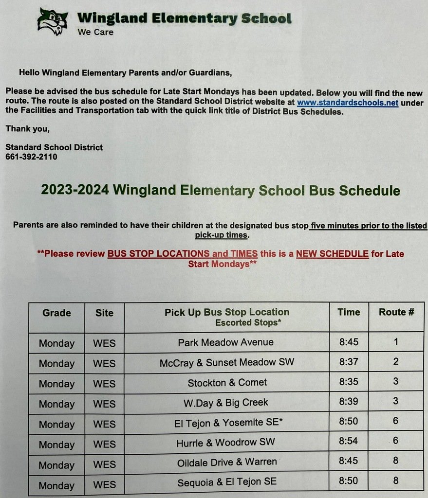 If your child takes the bus on Late Start Mondays please know the time has changed.