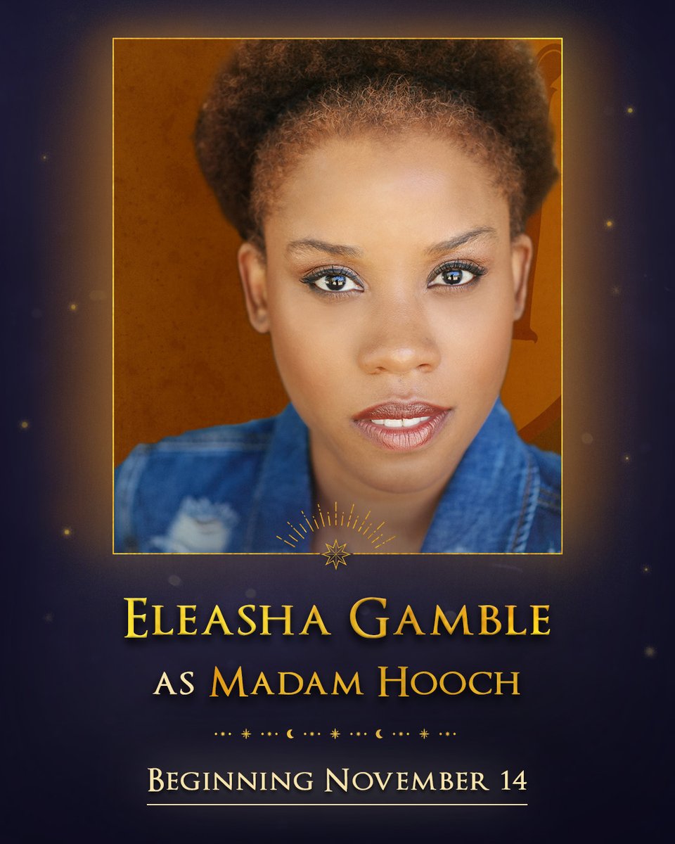 Harry Potter and the Cursed Child NYC (@cursedchildnyc) on Twitter photo Now everyone mount your brooms and say UP! Welcome Eleasha Gamble, joining #CursedChildNYC as Madam Hooch on November 14th. Now everyone mount your brooms and say UP! Welcome Eleasha Gamble, joining #CursedChildNYC as Madam Hooch on November 14th.