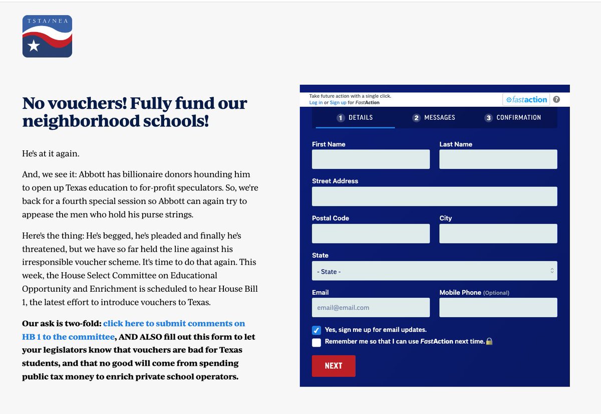 Public schools, teachers and support staff need more state funding and higher pay, but not at the expense of taxpayer-funded vouchers.
House Bill 1 is a voucher bill that legislators are trying to make pretty with more school funding. We do not buy it!

secure.ngpvan.com/1MYr3Ps0A0a6V7…