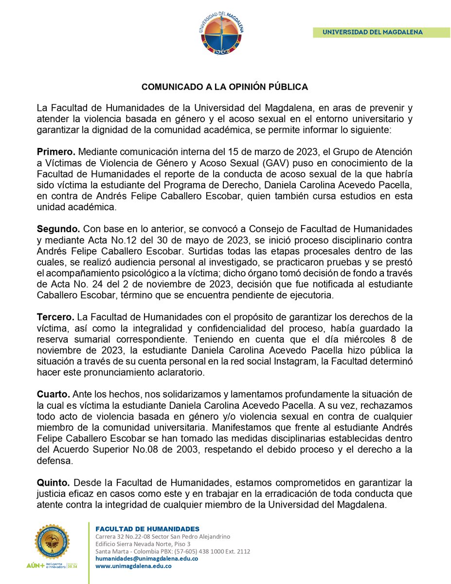 Unimagdalena's tweet photo. 🚨 ¡Atención! En aras de prevenir y atender la violencia basada en género y el acoso sexual en el entorno universitario y garantizar la dignidad de la comunidad académica, informamos lo siguiente ⬇️

🧐 https://t.co/dsGt1f1Pnr 

#ComunicadoUM https://t.co/ybmhzegUSz