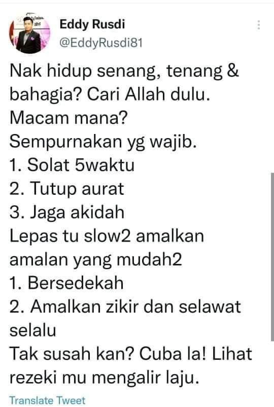 TweetIslamik's tweet photo. 15 Tips Murah Rezeki

1. Bangun pagi, jangan buat apa-apa, tarik nafas panjang-panjang dan terus cakap Alhamdulillah.

2. Mulakan dengan solat sunat Tahajud 2 rakaat. Kalau tengah di timpa ujian, sentiasa istighfar . Menangis dan merayulah pada Dia. Selepas itu solat subuh. https://t.co/hHeAfJuJO0