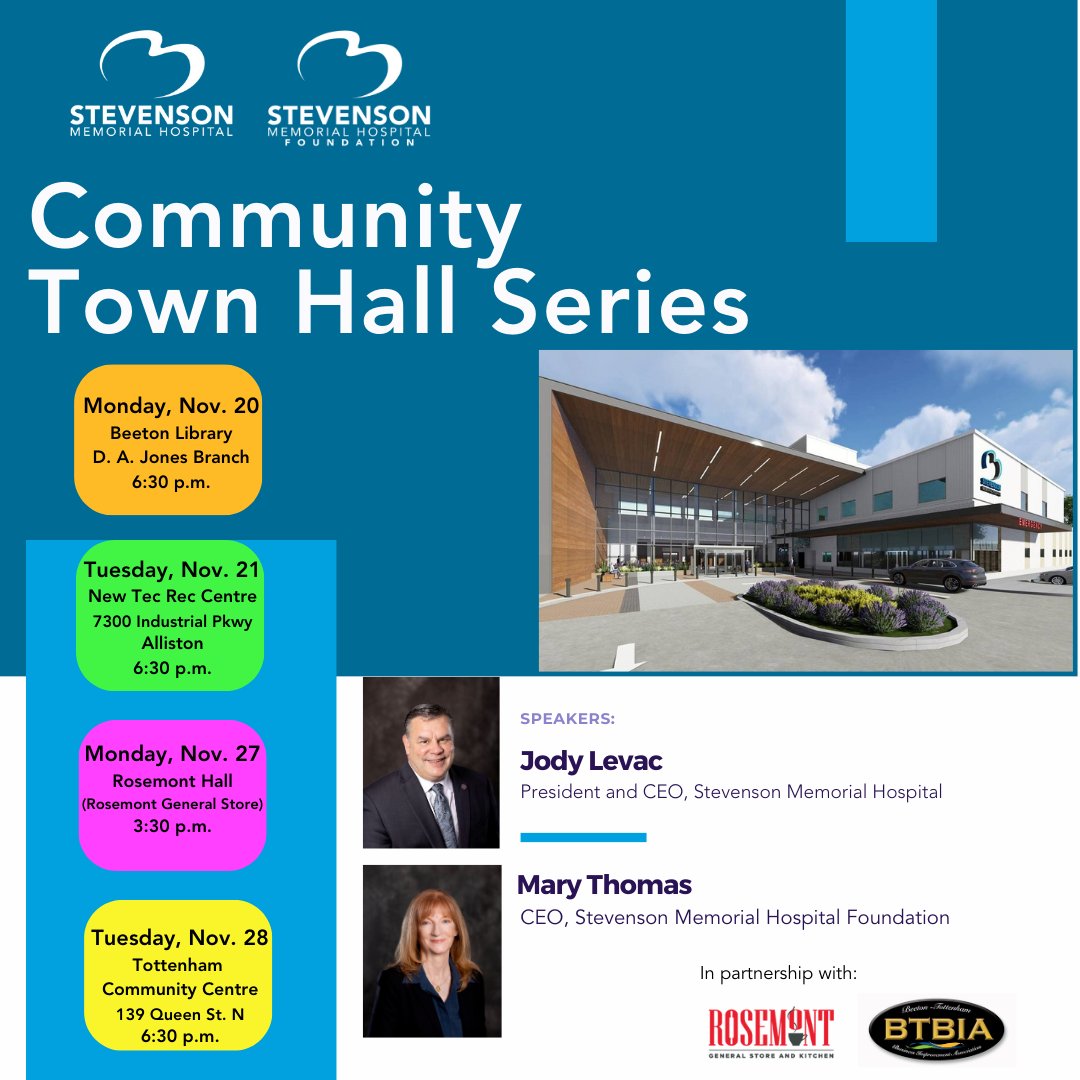 StevensonHosp's tweet photo. Join us at 1 of 4 Town Hall sessions where you can learn about our redevelopment plans (see new renderings!), ask about our early construction projects already underway, get an update from our @StevensonFoundation and more!  See you there! #Beeton #Tottenham #Alliston #Rosemont https://t.co/6RR9oKI1mN