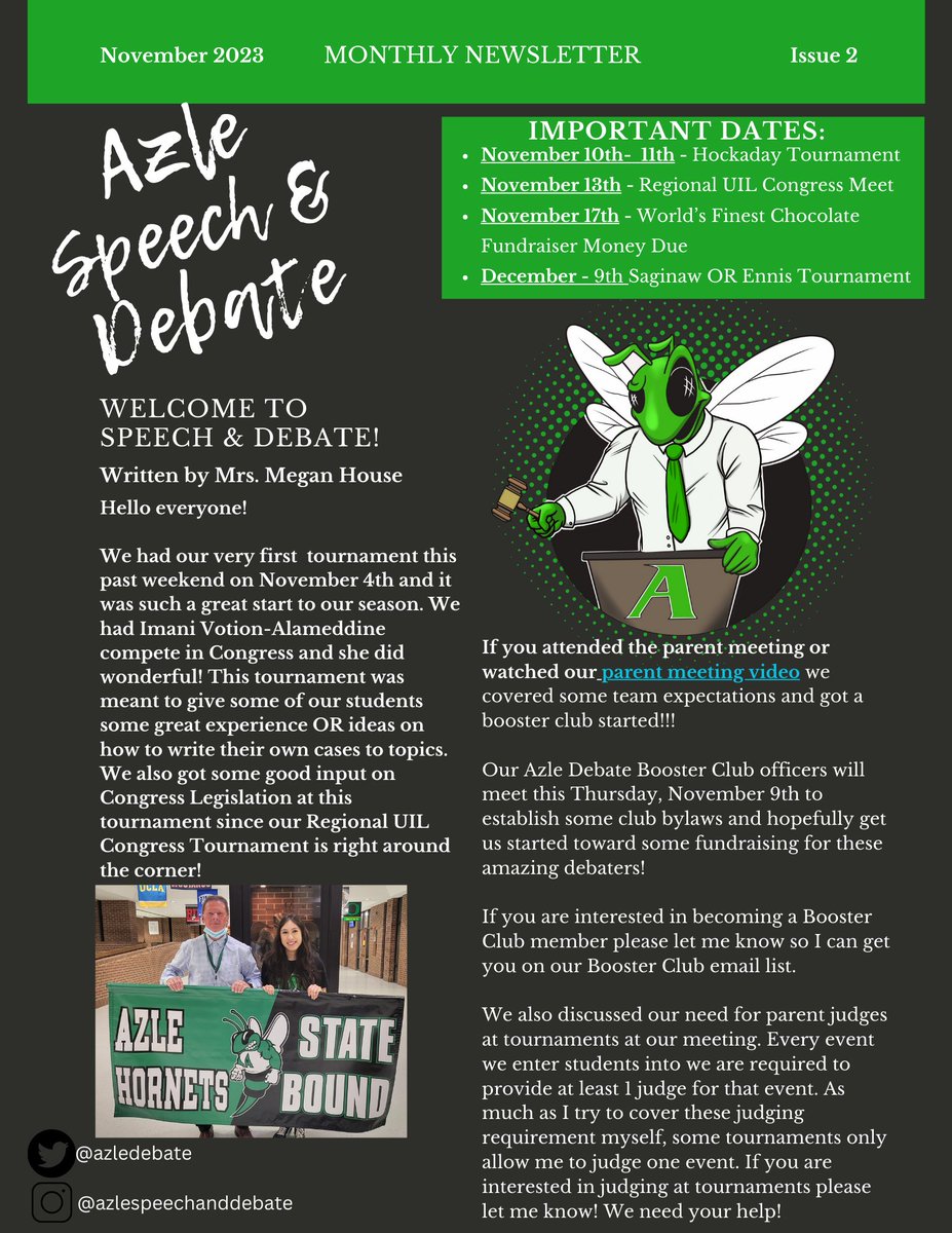 Azledebate's tweet photo. Azle Speech and Debate's November Newletter is now available!
@azleisd @AzleUIL @azlehighschool https://t.co/OgBRfTcBzF