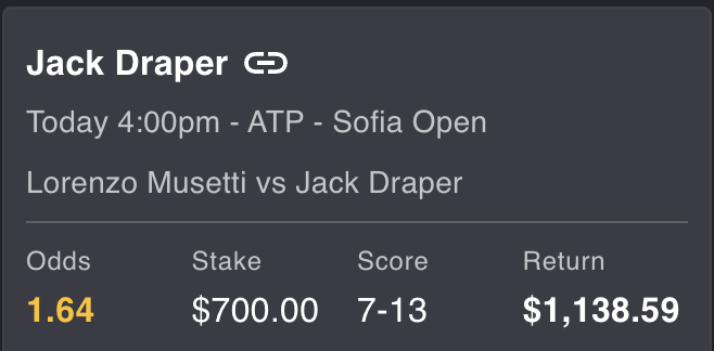 🎾 ATP #SofiaOpen
🇮🇹Lorenzo Musetti 0-2 Jack Draper🇬🇧
5-7, 2-6
Jack Draper beats the first seed Lorenzo Musetti!

Some #tennis action today with @SX_Bet!
Try yourself: sx.bet/?affiliate=giv…