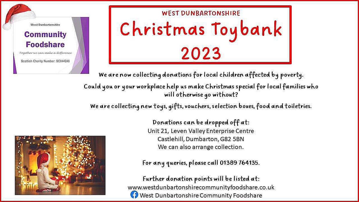 🎁CHRISTMAS TOYBANK🎁
Vale of Leven FC will be collecting different donations to help @wd_community_foodshare for local children and families this Christmas🎄💗 
Any donations from gifts, toys, food, gift vouchers would be greatly appreciated to help our local community💙