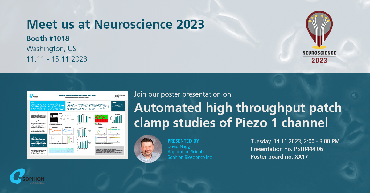 sophionbio's tweet photo. Come and see the poster presentation ‘Automated high throughput patch clamp studies of Piezo 1 channel’ presented by Application Scientist David Nagy and visit us at our booth no 1018 during the coming #SFN2023.

To arrange a meeting with us, click here: https://t.co/3trcUnu1xM https://t.co/FMQYb3M038