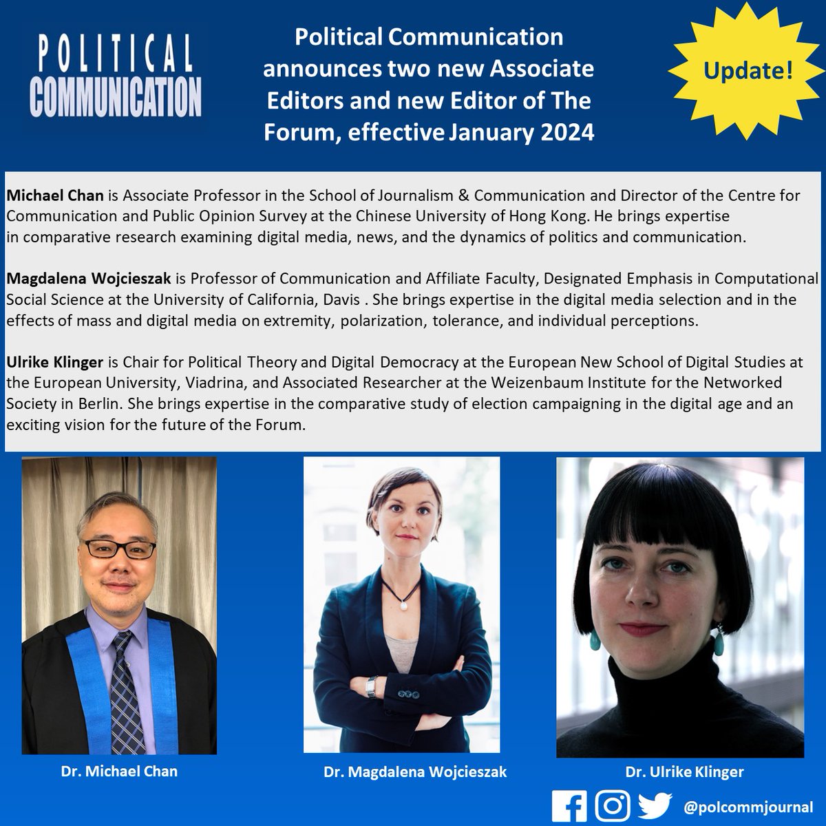 Welcome onboard @mwojcieszak @UlrikeKlinger and Michael Chan! Excited to have you as a part of Political Communication team!