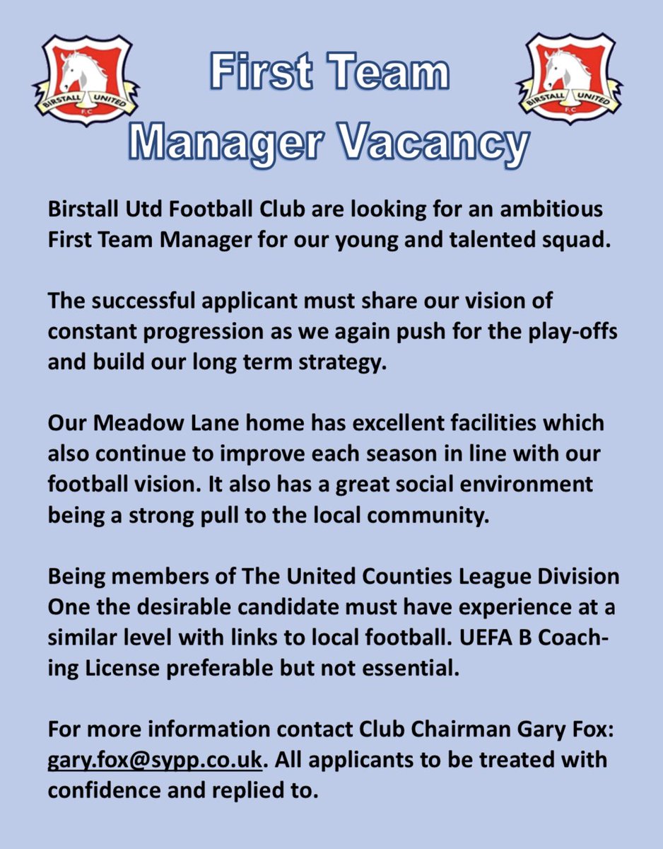 Please see the advert below for the First Team Manager vacancy. All applications or further questions to be sent to gary.fox@sypp.co.uk #BUFC