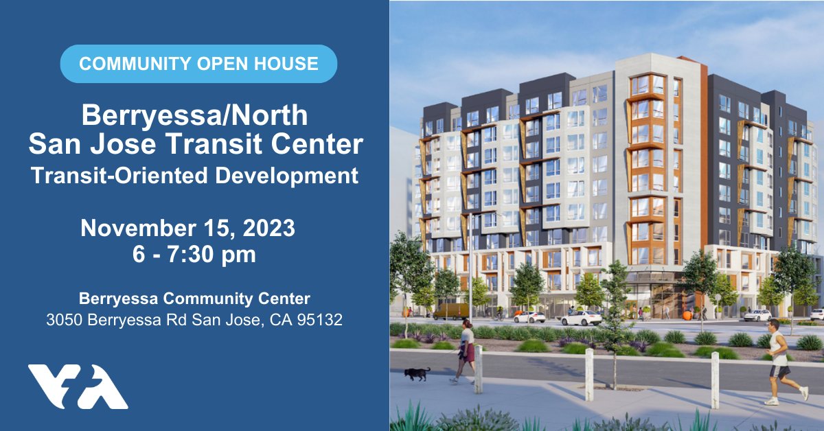 VTA's tweet image. Help VTA and @AffirmedHousing transform Berryessa/North San Jose Transit Center into a vibrant and affordable community! 

📅 Wed., Nov. 15 
⏰ 6-7:30 p.m.
📍 Berryessa Community Center

RSVP: bit.ly/40tjBMK

#transitorienteddevelopment #affordablehousing