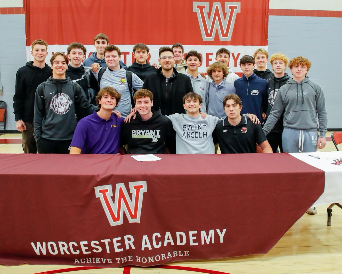 Congrats to our 4️⃣ players signing their National Letter of Intent today! Mavrick Rizy (C) - @LSUbaseball Cam Papetti (C) - @_BryantBaseball Casey DeLorenzo - @STAHawks Connor Murphy - @BCBirdBall We’re so excited for these guys and for our entire Worcester community!