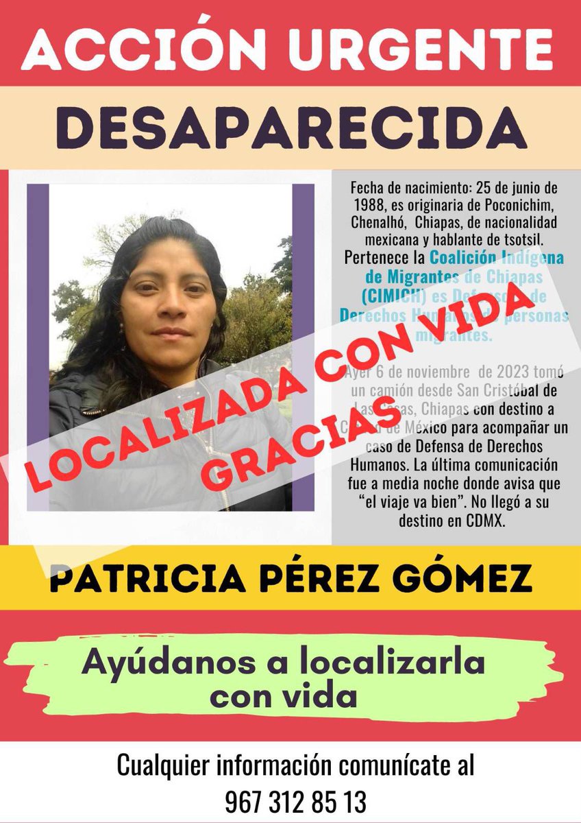 RNI_MX's tweet photo. 📢Agradecemos su colaboración #Patricia ha sido localizada. https://t.co/ADUfi9bTsm