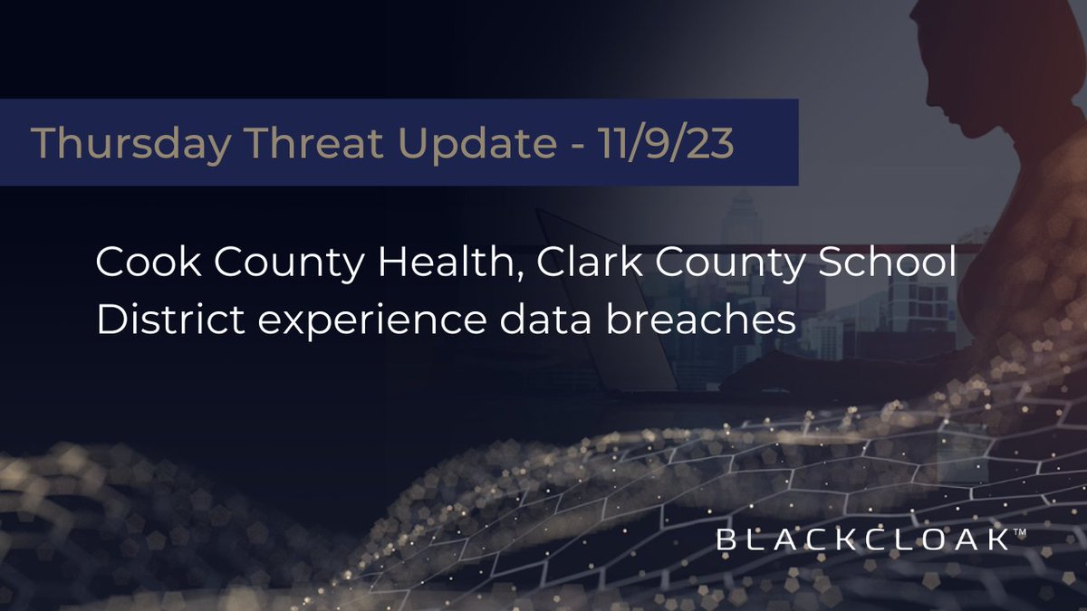 BlackCloakCyber's tweet image. In this installment of our Thursday Threat Update, we cover a pair of data breaches affecting a healthcare organization and a school district.

blackcloak.io/cook-county-he…

#personalcybersecurity #cybersecurity #databreaches #healthbreach