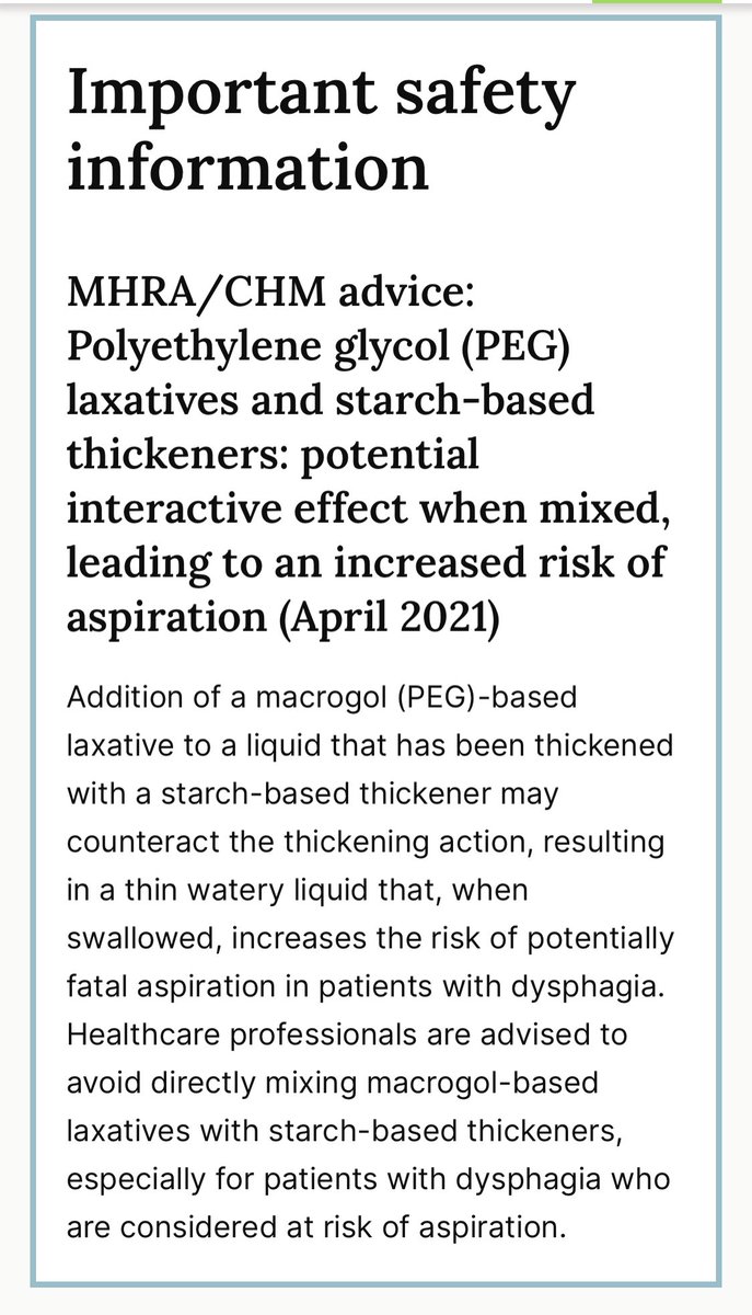 Ever thought the main problem with laxido/movicol for patients on fluid thickeners was that they’d be even more disgusting to drink? Turns out it’s actually dangerous. I hadn’t been aware of this 2021 safety flag in the BNF until a speech & language therapist alerted me to it. ⬇️