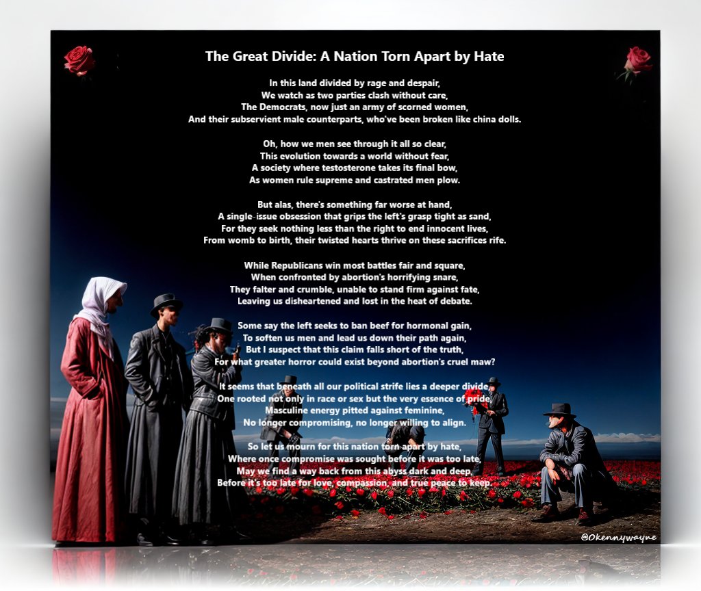 0kennywayne's tweet photo. #poetrycommunity #Poetry #Hate #nationdivided #politicaldivide #Democrats #Republicans #feminism #masculinity #prochoice #prolife #babyrights #SD_XL #AI_art https://t.co/M9LyohFrPa