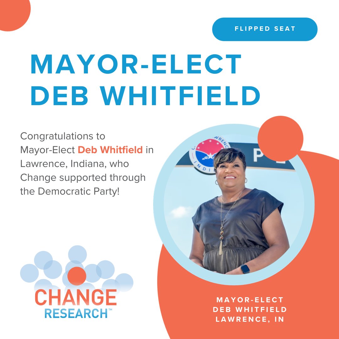 Congratulations to Mayor-Elect @DebWhitfield for flipping the Lawrence, Indiana mayoral seat and becoming the first Black mayor in Marion County! We were proud to support her history-making campaign through the Indiana Democrats!
