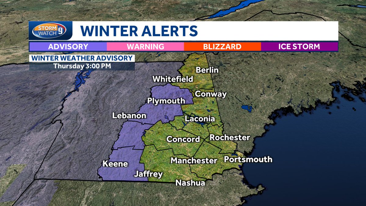 MattHoenigWMUR's tweet image. First Winter Weather Advisory of the season posted for Cheshire, Sullivan, and Grafton counties into Thursday afternoon.

Combo of snow, sleet, and freezing rain could result in slippery travel. #NHwx #WMUR