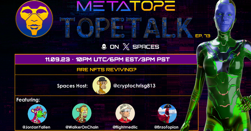 themetatope's tweet photo. IN ONE HOUR! 

Join us for TopeTalk Ep. 73:
ARE NFTS REVIVING?

With host @cryptochrisg813
Featuring: @JordanYallen, @WalkerOnChain, @flightmediic, and @EnzoTopian.
Set a reminder:⬇️