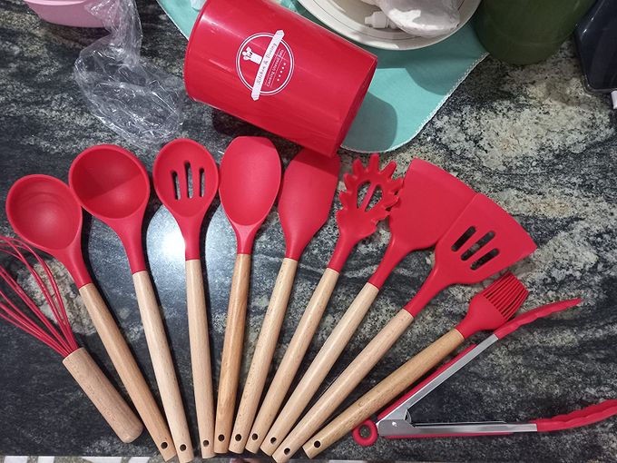 Kit de Utensílios p/Cozinha em Silicone e Bambu 12 Peças – Vermelho
