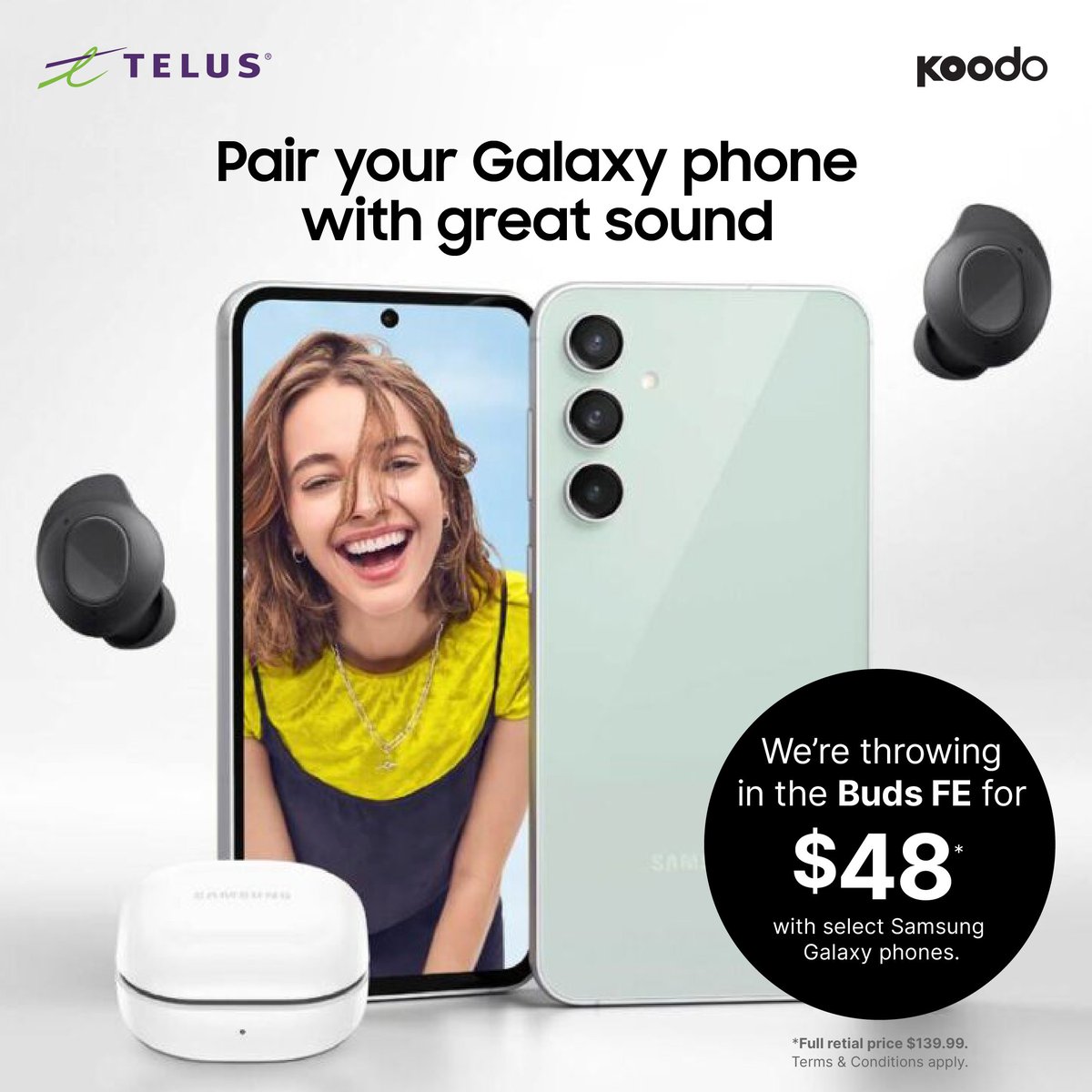 Get the Samsung Galaxy Buds FE at 65% off for a limited on with select Galaxy phones on TELUS or Koodo plan! Ask instore for full terms and details.  #samsunggalaxy #GalaxyS23FE #GalaxyBudsFE #TELUS #koodo #gbstech