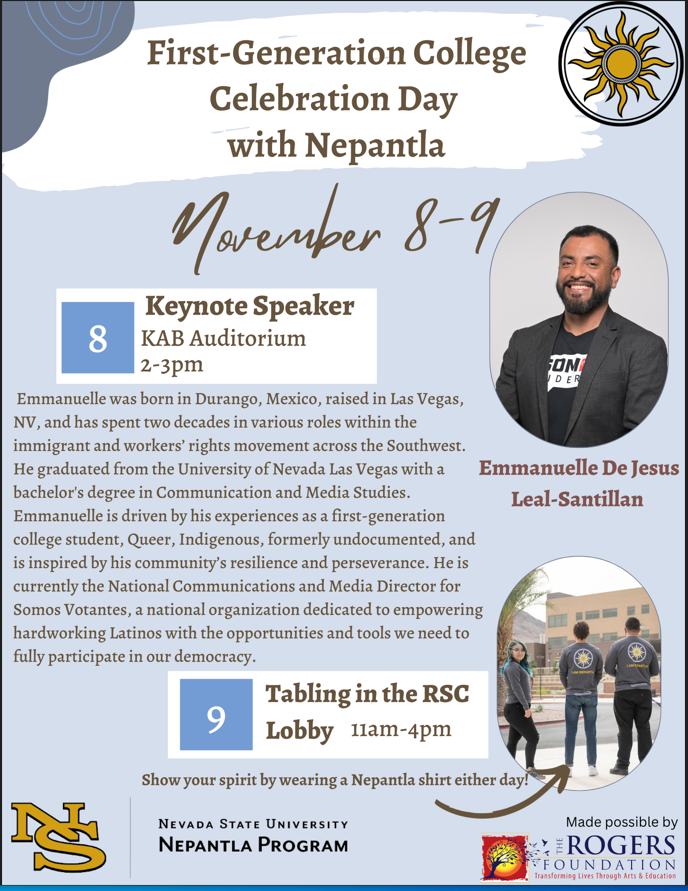NevadaStateU's tweet image. Please join @NepantlaNS for a special first-generation event featuring keynote speaker, Emmanuelle De Jesus.

From 2-3 in the KAB Auditorium 

#firstgenstudent #NevadaState