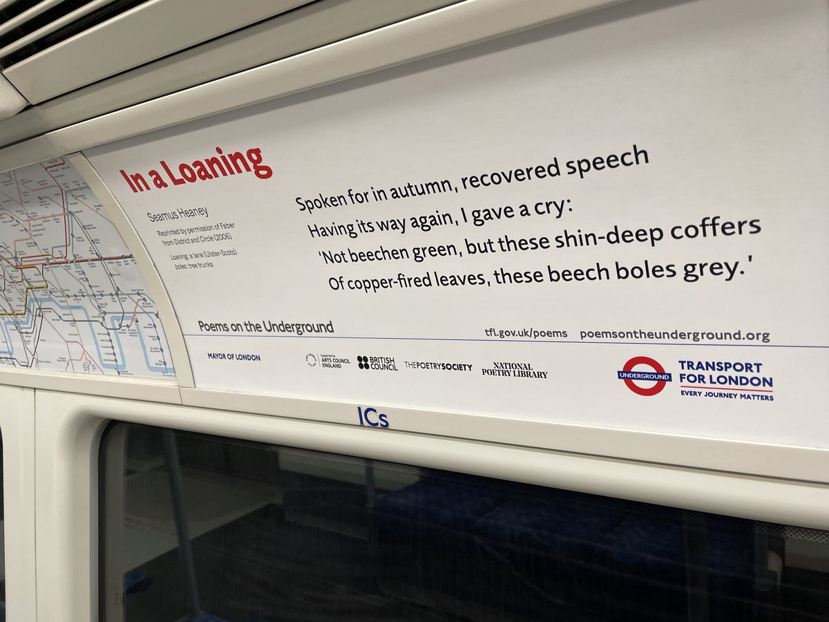 Lovely to be accompanied on my way home by Seamus Heaney 

Read it online at poemsontheunderground.org/in-a-loaning

#PoemsOnTheUnderground @PoemsOnTheTube