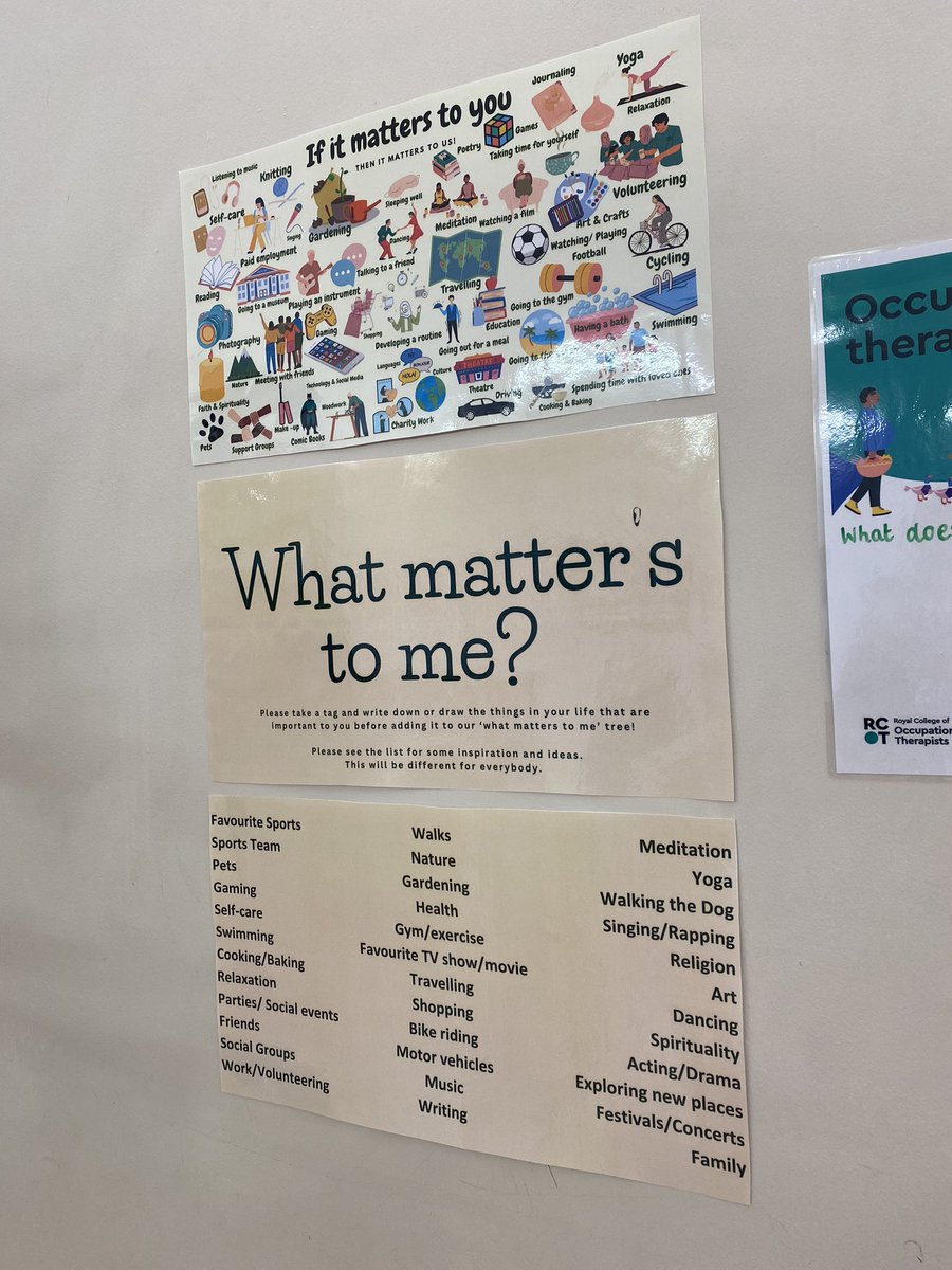 OT_ELangston's tweet photo. Celebrating ‘what matters to us’ as occupational beings today for #OTWeek2023. We invited our service users to share what is meaningful to them, as well as engaging in a range of meaningful occupations. https://t.co/QqrnvzBsUK