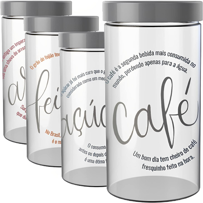 Conjunto 4 Potes Redondo 1800 Ml Arroz Feijão Café Açucar