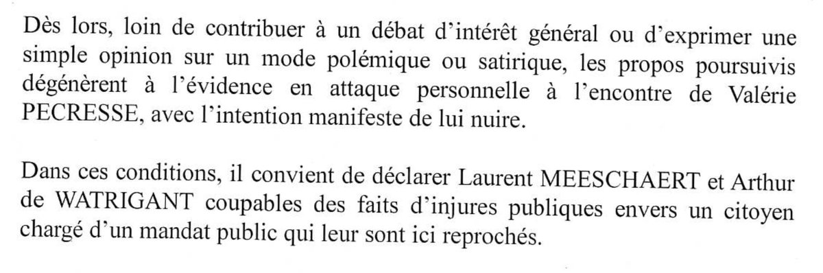 vpecresse's tweet photo. Condamné pour injure publique, c’est la réalité dont vous tentez maladroitement de vous exonérer.Voilà ⁦@WatrigantArthur⁩ les termes précis du juge de Nanterre qui vous condamne, relevant vos amalgames douteux &amp; l’importance de l’injure. Tous les coups ne sont pas permis! https://t.co/hVAJ89GuYc