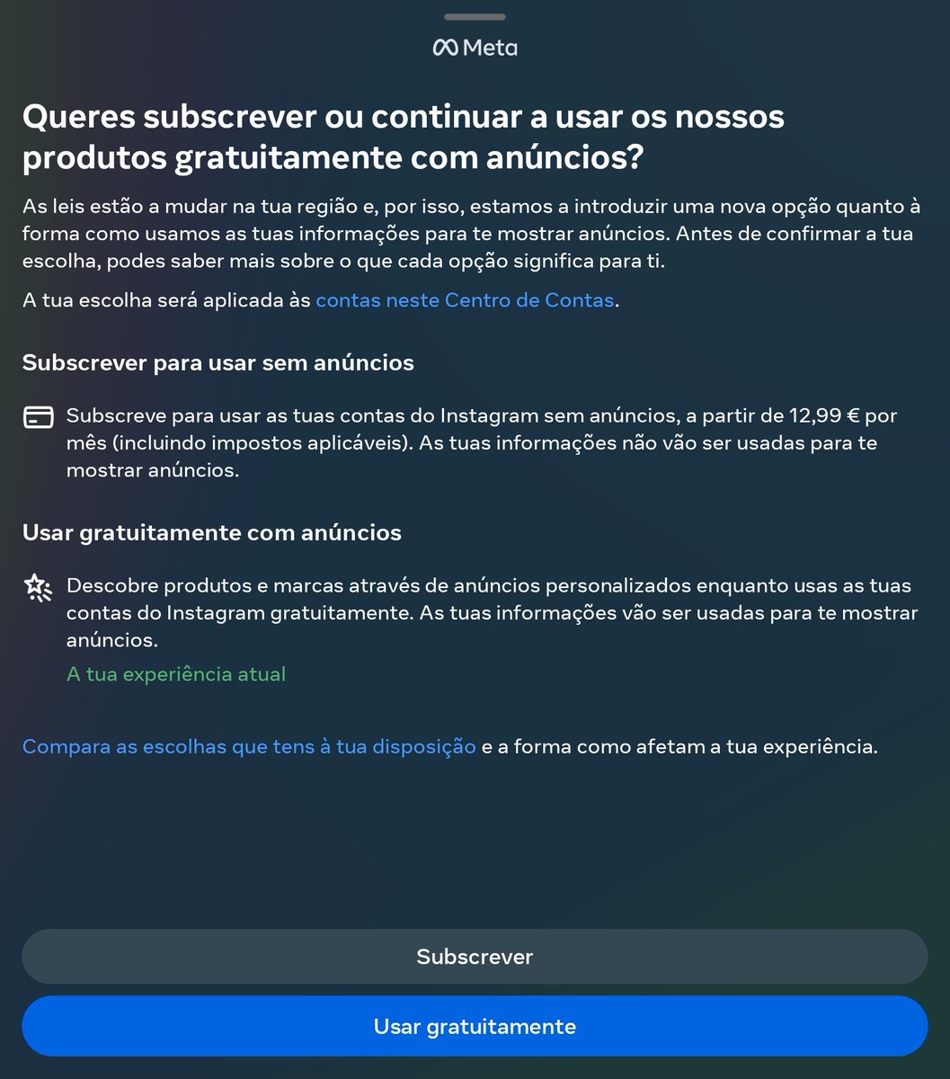 O novo-normal.... Ou pagas ou os teus dados vão andar (ainda mais) a ser entregues aos anunciantes da <a href="/Meta/">Meta</a> 

Espero que a <a href="/EP_President/">Roberta Metsola</a> ponha travão neste abuso...