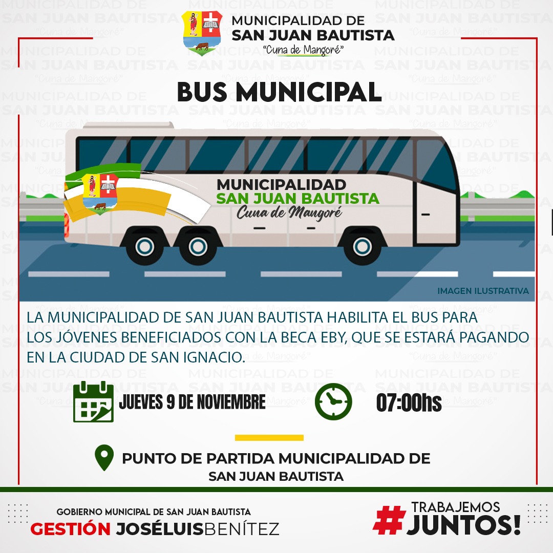 ⚠️ ATENCIÓN UNIVERSITARIOS 

Bus del Municipio habilitado para el traslado de los beneficiados de la beca hasta la ciudad de San Ignacio. 

#Trabajemosjuntos