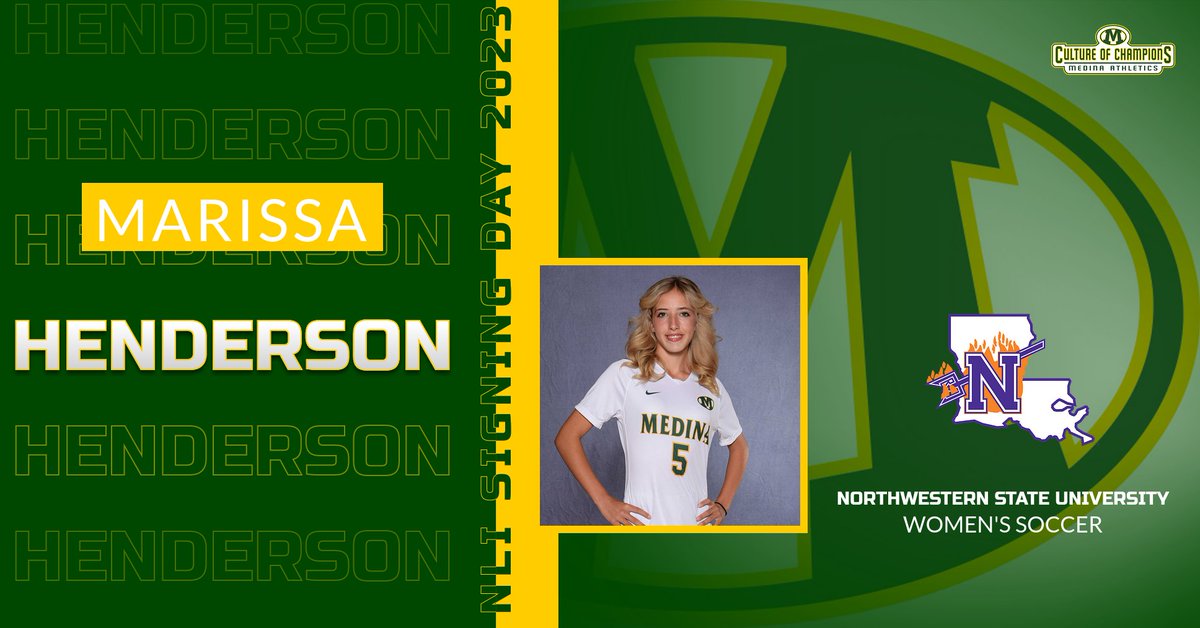 medinaathletics's tweet photo. Our next NLI Signing Day signee is Marissa Henderson from our girls soccer team who will be attending Northwestern State University! Congratulations to Marissa and her family! #CultureofChampions @NSUDemonsSOC @MCScomm1 @MedinaBoosters @MedinaGSoccer https://t.co/OnCvOvVh9S