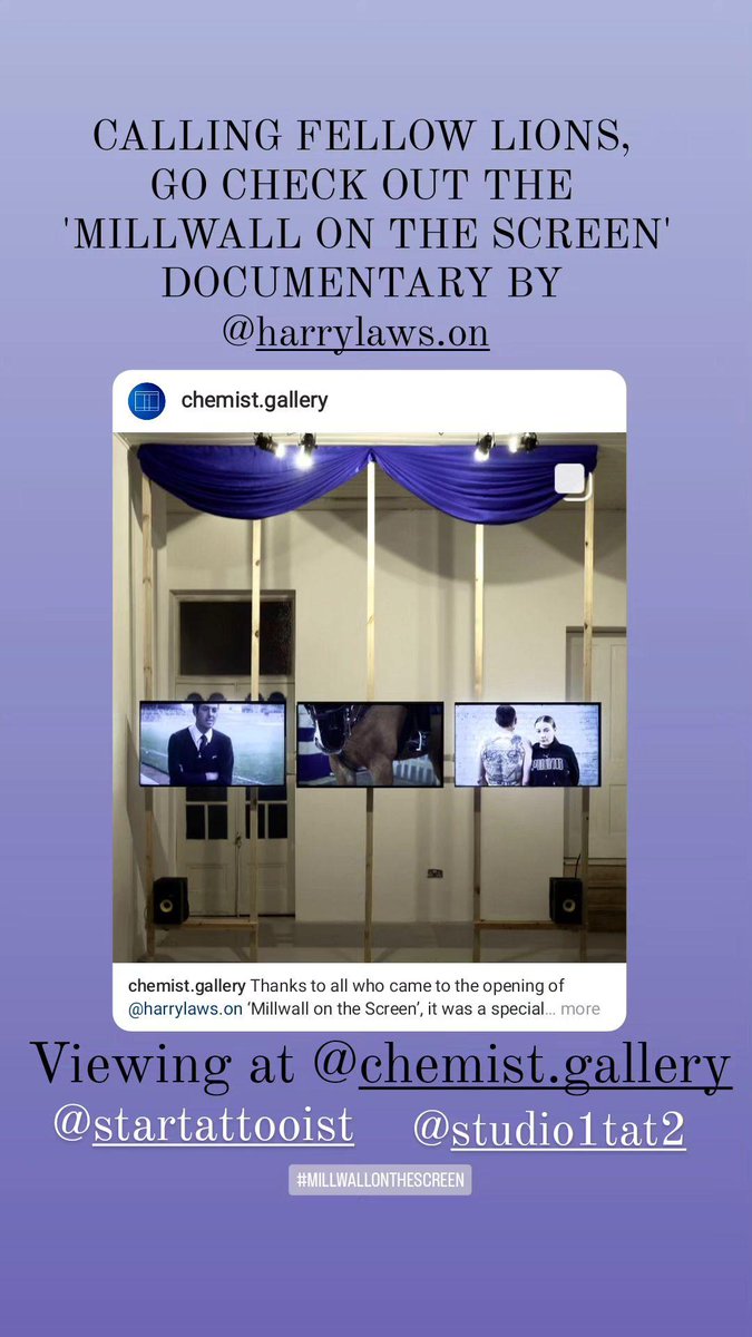 startattooist's tweet photo. Was great to be part of this documentary
'MILLWALL ON THE SCREEN' by Harry Lawson 
If you wanna check this out, it's viewing at The Chemist Gallery, London SE13 7SZ  
3-26 November 2023
@MillwallFC
@Studio1tat2
#RT #Millwall #millwallonthescreen #documentary #chemistgallery https://t.co/xQbWfxE5Sj