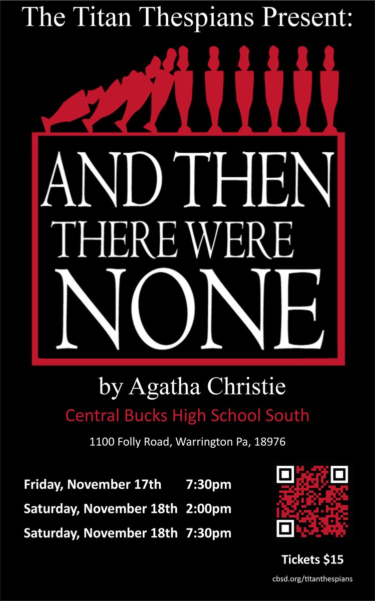 Come see the <a href="/CBSouthHS/">CB South</a> Thespians production of "And Then There Were None" by Agatha Christie, 11/17 and 11/18 at CB South! #southside <a href="/CBSDSchools/">Central Bucks SD</a> 

Ticket link: purplepass.com/#268057/The_Ti…